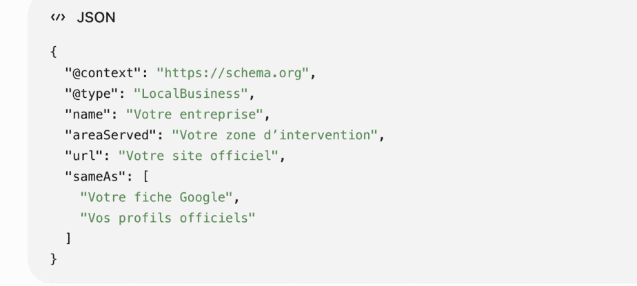 Capture d’un balisage Schema JSON-LD avancé intégré dans un site internet